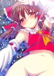  arm_up ascot blush bottomless bow brown_eyes brown_hair detached_sleeves groin hair_bow hair_tubes hakurei_reimu long_hair lying navel on_back open_mouth out-of-frame_censoring partially_submerged petals saki_chisuzu shirt solo touhou water 