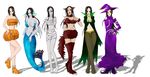  1girl black_hair blue_eyes boa_hancock breasts earrings highres invisible_woman jewelry k_kuroto large_breasts mermaid monster_girl multiple_persona mummy one_piece pumpkin red_eyes vampire werewolf witch yellow_eyes 