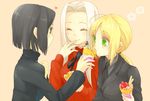  ahoge artoria_pendragon_(all) bad_id bad_pixiv_id black_hair blonde_hair blue_eyes bob_cut eating fate/zero fate_(series) food formal green_eyes hisau_maiya irisviel_von_einzbern long_hair multiple_girls necktie ponytail saber suit sweets white_hair yasuu! 