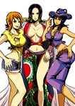  3girls black_hair blue_eyes boa_hancock breasts cleavage cowboy_hat earrings female hat jewelry large_breasts multiple_girls nami nami_(one_piece) nico_robin one_piece sabaody_archipelago 