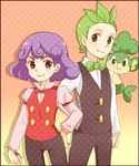  1boy 1girl cabernet_(pokemon) dent_(pokemon) green_eyes green_hair pansage pants pokemon purple_eyes purple_hair smile vest 