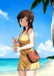  3: amagami bag bare_shoulders beach blue_sky blurry breasts brown_eyes brown_hair cleavage cloud day depth_of_field dress drinking_straw highres looking_at_viewer medium_breasts ocean outdoors palm_tree sakurai_rihoko shaved_ice shoulder_bag sky solo spoon_straw tachibana_roku tree 