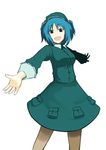  :d blue_dress blue_eyes blue_hair brown_legwear cowboy_shot dress foreshortening grey_background kawashiro_nitori long_sleeves looking_at_viewer open_mouth outstretched_arms pantyhose ruit simple_background smile solo spread_arms standing touhou two_side_up 