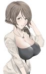  armored_core armored_core_2 bad_id bad_pixiv_id banned_artist breasts brown_eyes brown_hair cleavage drill_hair huge_breasts jewelry kawaguchi_yukihiro mature mole mole_above_mouth necklace nell_aulter shirt solo 