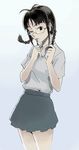  akizuki_ritsuko braid glasses hairdressing idolmaster idolmaster_(classic) idolmaster_1 inu_(aerodog) mouth_hold one_eye_closed solo twin_braids 