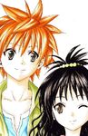  1girl black_hair brother_and_sister lowres one_eye_closed orange_hair sakurami_azuki siblings smile to_love-ru yuuki_mikan yuuki_rito 