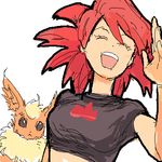  :d artist_request asuna_(pokemon) babydoll_t-shirt closed_eyes crop_top fire flareon gen_1_pokemon gym_leader happy lowres open_mouth pokemon pokemon_(creature) pokemon_(game) pokemon_rse red_hair smile 