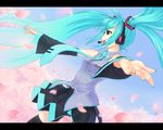  aqua_hair aqua_nails bad_id bad_pixiv_id blue_eyes cherry_blossoms detached_sleeves hatsune_miku letterboxed long_hair mishima_yoshikatsu nail_polish necktie outstretched_arms petals solo thighhighs twintails vocaloid 