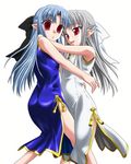  albino artist_request bare_shoulders blue_hair china_dress chinese_clothes dress half_updo hug len melty_blood multiple_girls pointy_ears red_eyes ribbon tsukihime white_hair white_len 