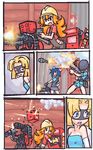  4girls animal_ears battle blonde_hair blue_eyes blue_hair bullet captain comic dispenser explosive gatling_gun genderswap genderswap_(mtf) gloves gun hardhat hat helmet holding holding_gun holding_weapon mask minigun missile multiple_girls orange_hair overalls rocket_launcher sentry silent_comic single_glove team_fortress_2 the_engineer the_heavy the_soldier the_spy weapon 