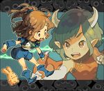  2girls arle_nadja bad_id bad_pixiv_id blue_skirt brown_eyes brown_hair carbuncle_(puyopuyo) draco_centauros green_hair half_updo horns madou_monogatari multiple_girls nessie_(kska) pointy_ears puyopuyo short_hair skirt yellow_eyes 