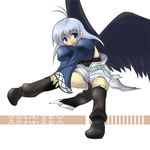  black_wings blue_eyes blue_hair blush fermelle kamyu smile solo utawareru_mono wings 