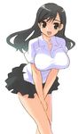  between_legs black_hair black_skirt breasts brown_eyes frills hand_between_legs happy hirose_(mokiki) huge_breasts long_hair looking_at_viewer open_mouth original pleated_skirt shirt short_sleeves simple_background skirt solo v_arms white_background white_shirt 