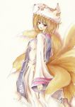  bad_id bad_pixiv_id blonde_hair fox_tail hat long_sleeves multiple_tails pillow_hat short_hair solo sugai tail tassel touhou traditional_media wide_sleeves yakumo_ran 