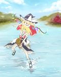  blonde_hair borrowed_garments broom broom_riding cloud day flandre_scarlet hat headwear_switch kirisame_marisa multiple_girls outdoors red_eyes satou sky touhou water wings witch_hat yellow_eyes 