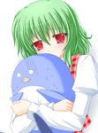  artist_request bird blush crossed_arms green_hair hug hug_from_behind kazami_yuuka o_o penguin plaid plaid_vest red_eyes scared short_hair solo sweatdrop touhou trembling vest white_background 