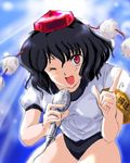  alternate_costume armband bangs black_hair buruma flx gym_uniform hat looking_at_viewer lowres microphone open_mouth red_eyes shameimaru_aya short_hair smile solo touhou 