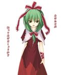  front_ponytail green_eyes green_hair hair_ribbon huei_nazuki kagiyama_hina lowres ribbon solo touhou translated 