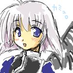  black_wings blue_eyes kamyu lowres silver_hair solo utawareru_mono wings 