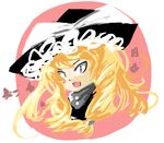  black_hat blonde_hair bow crazy_eyes curly_hair eyelashes hat hat_bow kirisame_marisa long_hair looking_at_viewer saiste solo touhou tsurime upper_body very_long_hair white_bow wide-eyed witch_hat 