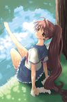  ahoge barefoot brown_eyes brown_hair feet grass long_hair looking_at_viewer looking_back original ponytail sakurai_unan school_uniform serafuku sitting skirt soaking_feet socks_removed solo tree_shade very_long_hair water 