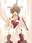  brown_hair copyright_request curtains dress flower jewelry maki_chitose mouth_hold necklace short_hair solo window 