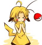  &gt;_&lt; :&lt; ahoge blonde_hair blush_stickers closed_eyes costume gen_1_pokemon personification pikachu pikachu_ears poke_ball poke_ball_(generic) pokemon pokemon_ears short_hair simple_background solo throwing_poke_ball white_background yuizaki_hizumi 