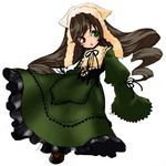  blush brown_hair corset dress drill_hair green_dress green_eyes hat heterochromia lolita_fashion long_hair long_sleeves open_mouth red_eyes rozen_maiden suiseiseki tamachi_kuwa twin_drills twintails very_long_hair 