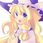  blonde_hair blue_eyes hat kirisame_marisa long_hair looking_at_viewer no_nose open_mouth saiste simple_background solo steepled_fingers touhou upper_body witch_hat 