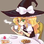  blonde_hair cake chair cookie cup food fruit girotin_ginza green_eyes hat kirisame_marisa pastry plate sitting slice_of_cake solo spoon steam strawberry strawberry_shortcake table teacup touhou witch_hat 