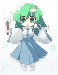  :o blush_stickers chibi frog gohei green_hair kochiya_sanae long_hair oka_(bananashoe) outstretched_arms snake solo spread_arms star touhou 