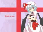  artist_request blue_hair book hat red_eyes remilia_scarlet ribbon short_hair smile solo touhou wallpaper wings 