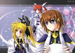  bardiche blonde_hair blue_eyes brown_hair fate_testarossa kotaken lyrical_nanoha magical_girl mahou_shoujo_lyrical_nanoha_strikers multiple_girls purple_eyes raising_heart red_eyes takamachi_nanoha twintails yagami_hayate 