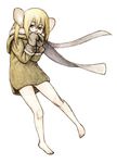  absurdres animal_ears barefoot blonde_hair coat cold copyright_request feet feral_lemma gloves highres mouse_ears scarf solo 