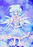  cirno colored_eyelashes eyelashes flower frills hands_clasped lily_pad lolita_fashion miri_(tobira_no_mukou) own_hands_together ribbon solo touhou 