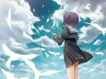  bird cloud day ef hair_ornament hairclip kazuki_sanbi purple_hair school_uniform shindou_chihiro sky solo 