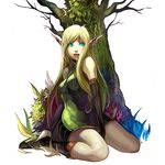  blonde_hair blue_eyes boots copyright_request elbow_gloves elf gloves kneeling legs long_hair pointy_ears shukei solo tree 