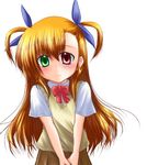  bangs blue_ribbon blush bow bowtie brown_skirt child closed_mouth collared_shirt cowboy_shot eyebrows_visible_through_hair green_eyes hair_ribbon heterochromia long_hair looking_at_viewer lyrical_nanoha mahou_shoujo_lyrical_nanoha_strikers misana orange_hair own_hands_together red_bow red_eyes red_neckwear ribbon school_uniform shirt short_sleeves skirt smile solo sweater_vest tareme two_side_up v_arms very_long_hair vivio white_shirt wing_collar younger 