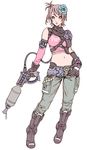  boots breasts copyright_request cyberpunk flamethrower flower gloves green_eyes gun large_breasts midriff navel rose short_hair solo surprised weapon yamashita_shun'ya 