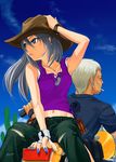  1girl armpits bad_id bad_pixiv_id blue_eyes blue_nails cactus camisole copyright_request cowboy_hat day denim ground_vehicle hat jeans long_hair mishima_yoshikatsu motor_vehicle motorcycle nail_polish navel pants silver_hair sky torn_clothes torn_jeans torn_pants western 