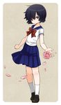  black_hair camellia flower full_body hair_over_one_eye loafers nazo_no_kanojo_x petals pleated_skirt school_uniform serafuku shoes simple_background skirt socks solo standing terayamaden urabe_mikoto 