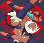  animal_ears attack bare_shoulders blue_eyes breasts cameltoe cat_ears cat_tail character_name dark_skin decapitation fingerless_gloves fukurou_(owl222) gloves grey_background headless jumping kicking leg_up medium_breasts midriff ms._fortune_(skullgirls) navel scar severed_head skullgirls sleeveless solo tail toned underboob upside-down white_hair 