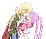  1girl bad_id bad_pixiv_id blonde_hair blush couple french_kiss hetero hirosuke_(psychexx) kiss long_hair purple_hair richard_(tales) simple_background sophie_(tales) tales_of_(series) tales_of_graces twintails white_background 