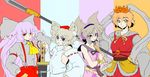  adjusting_hair animal_ears ascot bare_shoulders bishamonten's_spear blonde_hair blue_eyes bow danna_(karatekikku) detached_sleeves fujiwara_no_mokou hair_bow hair_ornament hair_ribbon hand_in_pocket hat headphones inubashiri_momiji long_hair multiple_girls pants polearm purple_eyes red_eyes ribbon ritual_baton shirt short_hair silver_hair sleeveless sleeveless_shirt spear suspenders sword tokin_hat toramaru_shou touhou toyosatomimi_no_miko weapon wolf_ears yellow_eyes 