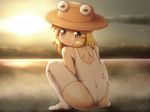  bare_shoulders blonde_hair casual_one-piece_swimsuit cloud commentary_request from_behind hair_ribbon hat horizon looking_at_viewer looking_back moriya_suwako no_shoes one-piece_swimsuit reflection ribbon shirosato short_hair shoulder_blades sidelocks sky solo squatting sun swimsuit thighhighs touhou tress_ribbon yellow_eyes 