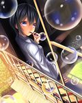  bad_id bad_pixiv_id black_hair blue_eyes blush bubble bubble_blowing bubble_pipe from_outside kyon_(fuuran) looking_at_viewer looking_back looking_out_window mouth_hold original railing shirt short_hair sitting solo window 