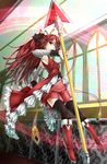  black_legwear boots breasts fang frills grin hair_ribbon highres hullzion long_hair magic_circle magical_girl mahou_shoujo_madoka_magica medium_breasts pleated_skirt polearm ponytail red_eyes red_hair ribbon sakura_kyouko skirt smile solo spear stained_glass thighhighs weapon 