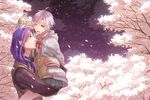  ahoge berserker_(fate/zero) blue_eyes carrying cherry_blossoms fate/zero fate_(series) hood hoodie jacket lancelot_(fate/zero) long_hair male_focus matou_kariya multiple_boys one_eye_closed purple_eyes purple_hair seigorou1225 sweater sweater_vest tree white_hair 