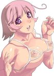  absurdres bikini_top blush bouncing_breasts breasts collarbone highres large_breasts nippleless_clothes nipples open_mouth original pink_hair puffy_nipples purple_eyes saruanu short_hair simple_background solo white_background 