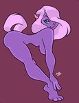  bent_over blue_eyes breasts butt cat feline female fur hair mammal nude pink_hair purple purple_background purple_fur solo 